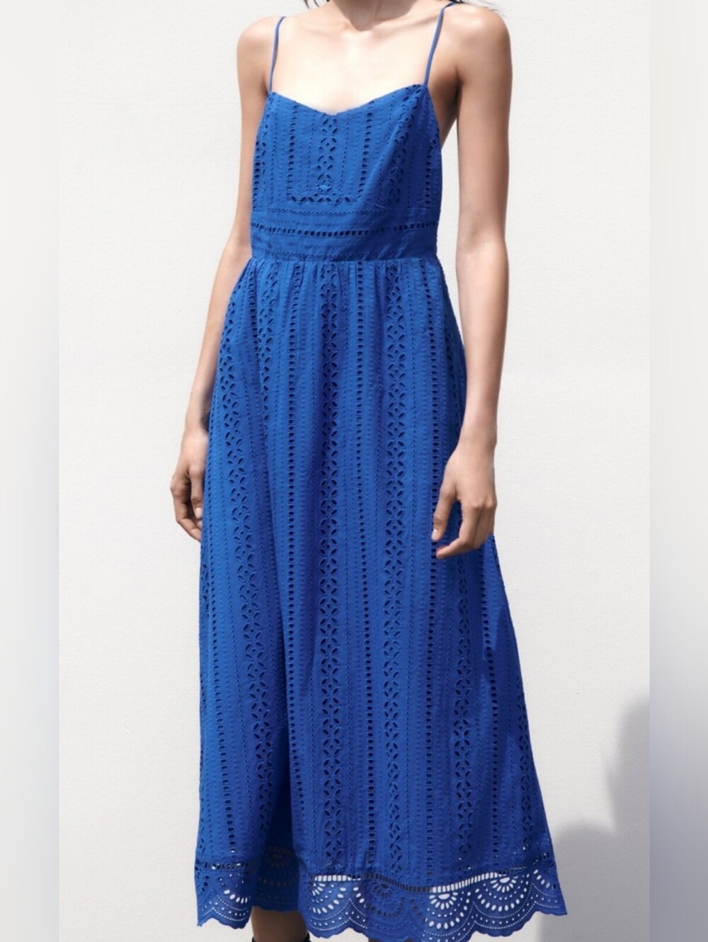 Zara Blue Eyelet Cotton Maxi Dress with Spaghetti Straps